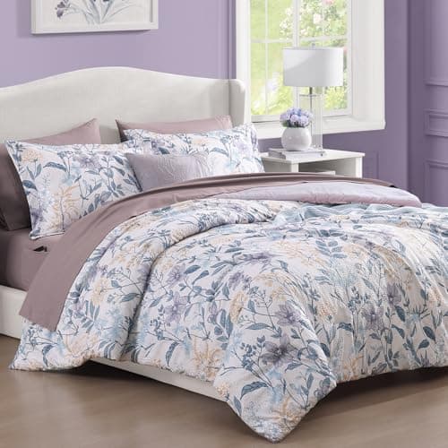 CASAAGUSTO Queen Comforter Set, 7 Pieces Bed in a Bag Queen Purple Iris Floral Comforter Set with Flowers Leaves Pattern, Soft Seersucker Design All Season Queen Size Bedding Set - Thumbnail 5