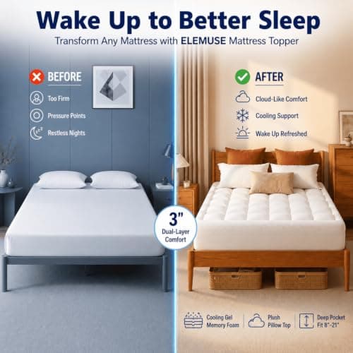 ELEMUSE 3 Inch Queen Size Dual Layer Memory Foam Mattress Topper, 2 Inch Cooling Memory Foam, 1 Inch Luxury Plush Pillowtop, Premium Pressure Relief Bed Pad for Hot Sleepers, Hotel Comfort Upgrade - Thumbnail 2
