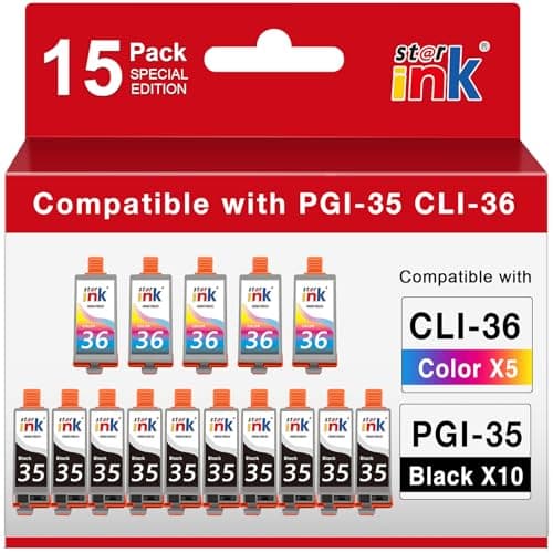 15 Pack PGI-35 CLI-36 Ink Cartridge Replacement for Canon TR150 TR160 Ink Cartridge Compatible for Canon 35 36 Ink Cartridges Work with TR150 TR160 iP110 iP100 Mini260 Mini320 Printer-(10 Bk+ 5 Tric) - Image 1
