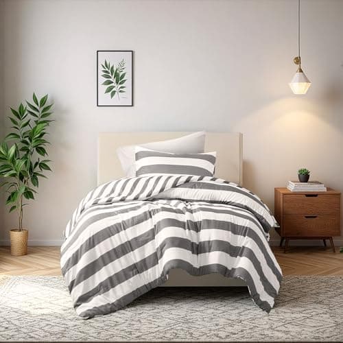 Regency Heights Reversible Striped Twin Comforter Set, Soft Microfiber Bedding Set with Double-Sided Stripes Design, Warm & Cozy for All-Seasons, 2-Piece Comforter and Sham Set Twin Size, Charcoal - Image 1