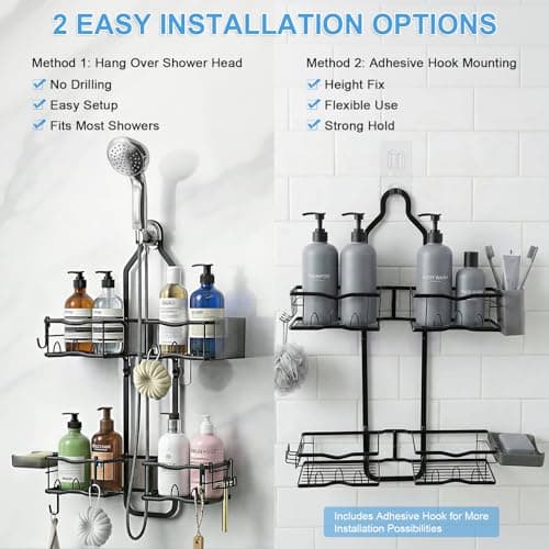 Depecal Shower Caddy Hanging Organizer, Rustproof Shower Organizer Hanging for Handheld Showerhead with Hooks for Razor/Sponge, Bathroom Caddy Rack Shower Shelves for Shampoo Soap Towels, Black - Thumbnail 6