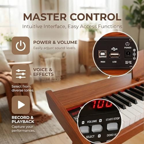 AMPUS 88 Key Semi-Weighted Keyboard Piano with Stand, Brown - Thumbnail 5