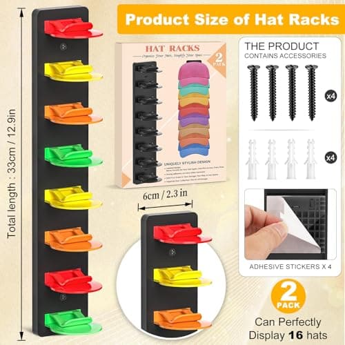 Coopache Hat Organizer for Baseball Caps 2 Pack, Hat Rack for Hanger Wall or Door Ball Cap Storage Holder for 16 Hats Hanging (Black & Color) - Thumbnail 3