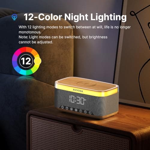 AUVODA S300 16W Stereo Bluetooth Speaker with 15W Fast Wireless Charging, 13-Color Night Light, Alarm, White Noise, FM Radio, Portable, TWS, BT5.3, for PC, Smartphone, Home, Office & Bedroom (Wood) - Thumbnail 5