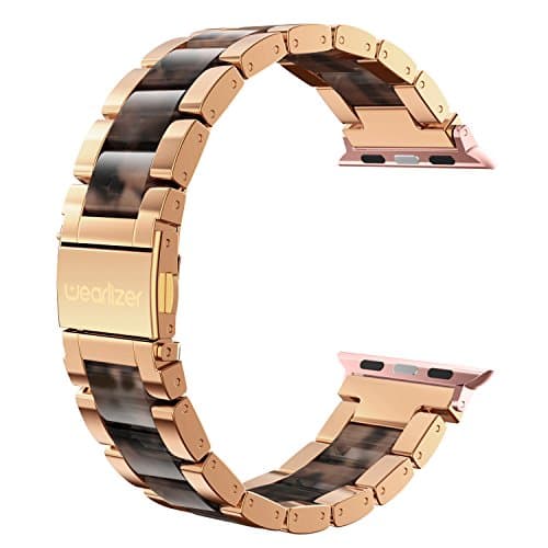 Wearlizer Compatible with Apple Watch Bands 42/44/45/46/49mm Wristband Womens Mens， Stainless Steel Fashion Resin Strap iWatch Series 11 10 9 8 7 6 5 4 3 SE/Ultra 3 2 1-Dark Rose Gold+Tortoise - Image 1