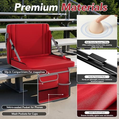janiry Stadium Seats with Back Support 1PACK Adjustable Bleacher Chairs with Back and Cushion Bleacher Seat with Cup Holder, Carry Handle & Shoulder Strap for Outdoor Sports Events, Picnics, Red - Thumbnail 5