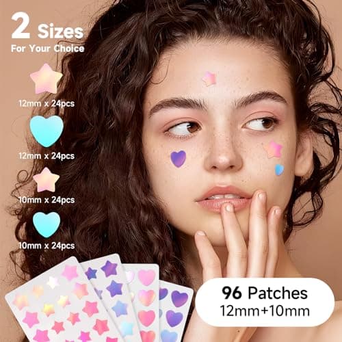 Dazzlook Star Pimple Patch with Salicylic Acid Tea Tree Oil & Centella Asiatica, Hydrocolloid Pimple Stickers Iridescent Colors 96 Pcs 2 Sizes, Cute Star Heart Shaped Zits Blemishes Breakouts Patches - Thumbnail 5