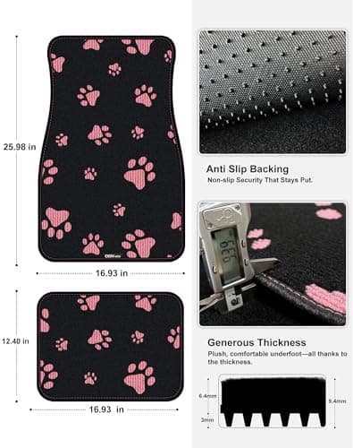 OEMATS Cute Embroidered Dog Paw Car Floor Mats for Pet Lovers, Universal Fit All Weather Car Mats with Anti-Slip Nibbs Backing, Carpet Floor Mats for Cars, Trucks & Sedans, Full Set of 4 (Pink Paw) - Thumbnail 3