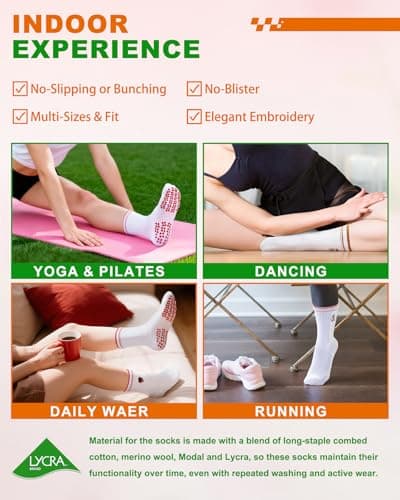 NSRRUN TURTLE Non-Slip Pilates Grip Socks for Women - Embroidery Crew Sock with Sticky Sole, Ideal for Yoga, Workout, & Barre, Small, 3 Pairs -Brown&Red&Pink - Thumbnail 5