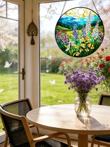 Stained Glass Window Hanging, Wildflowers Plant Scenery Suncatcher for Door Home Decor,Valley Sunrise Sun Catcher Ornament Mother's Day Birthday Gifts for Women Men Mom 6.3 in - Thumbnail 4