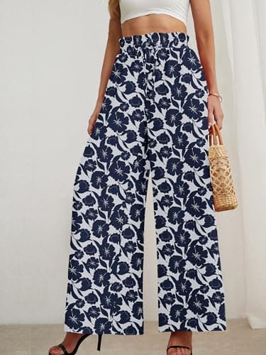 AusLook Women's Wide Leg Dress Pants with Pockets Peony Silhouett Medium Lightweight Elastic High Waisted Adjustable Tie Knot Flowy Loose Slacks Lounge Casual Ladies Beach Pleated Trousers - Thumbnail 2