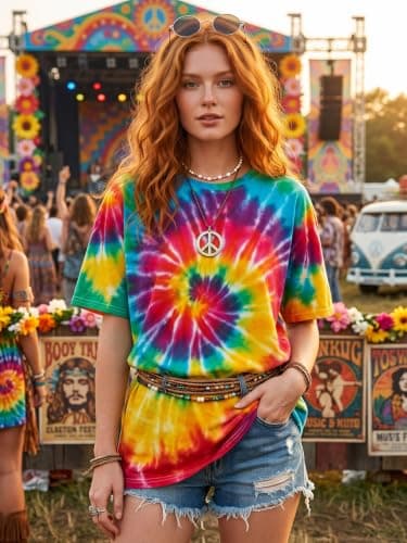 QIXYN Oversized 70s Outfits Tie Dye Shirt Women Vintage Hippie Clothes for Women Peace Love Crew Neck Casual Summer Tops - Thumbnail 3