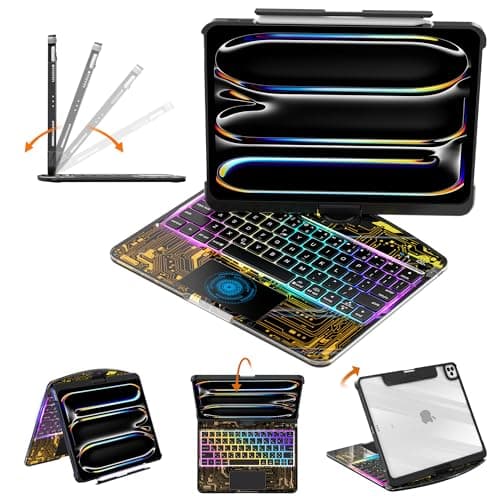 lambasa Clear Keyboard Case for iPad Air 13" (M3/M2, 2025/2024) & Pro 12.9" (3/4/5/6th Gen) 360° Swivel Multi-Touch Trackpad with Wireless Bluetooth 7-Color Backlight, Pencil Holder Black