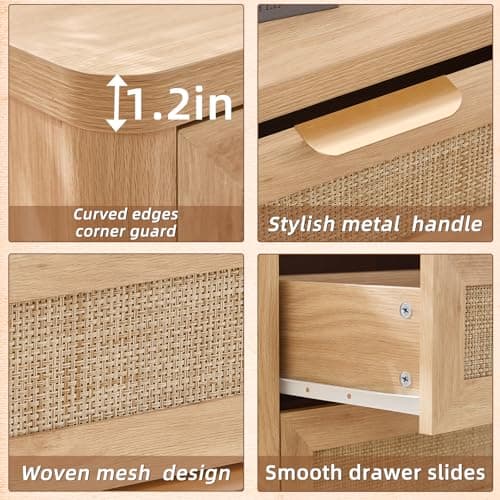 LEYAOYAO Rattan Night Stand Set of 2 with Charger Station, 23" Large 3 Drawer Boho Nightstand, Natural Wood Bedside Table Storage Cabinet, Bed Side End Tables for Bedroom, Living Room, Hallway - Thumbnail 5
