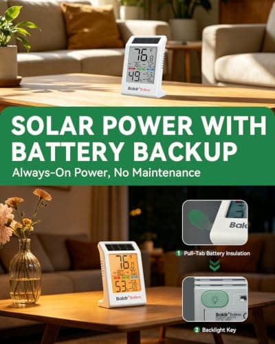 BALDR 2-Pack Indoor Thermometer Humidity Meter, Digital Hygrometer with Backlight, Solar Powered Room Temperature Monitor with Backup Battery, Max Min Records & Comfort Indicator - Thumbnail 3