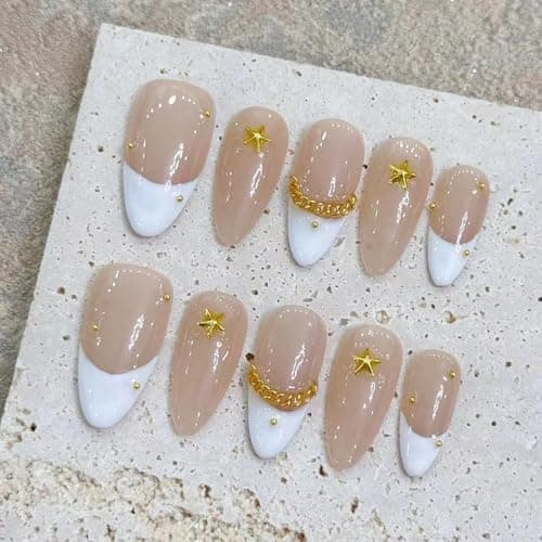Yacey Handmade Wedding Press on Nails for Bride, Medium Almond Reusable False Nails Press Ons, 3D Modern French Tip Thick Acrylic Fake Nails, Luxury Glossy Glue on Nails for Women Girls (10 Pcs, S)