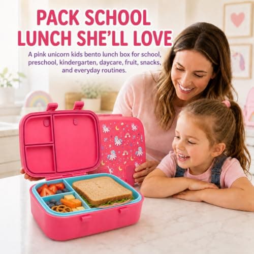 MISS BIG Bento Lunch Box for Kids, Pink Unicorn, 3 Compartments, 800ml - Thumbnail 2