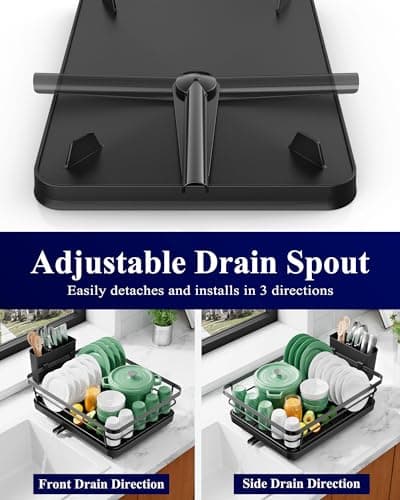 Kitsure Dish Drying Rack for Kitchen Counter, Stainless Steel Sink Organization and Storage Essentials with Cutlery Holder, Home and Appartment Decor, 12''W x 15.5''L, Black - Thumbnail 4