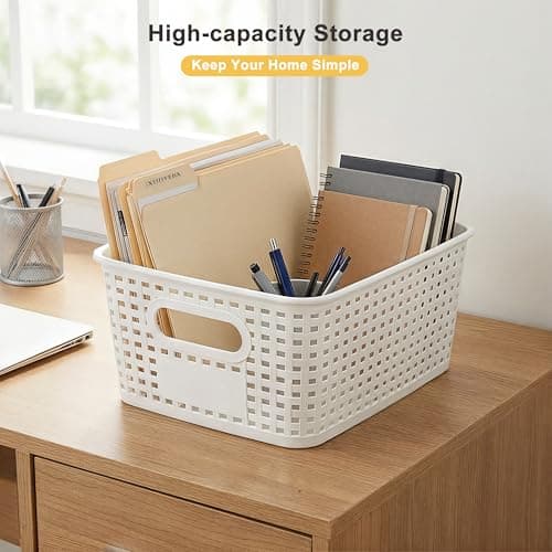 AREYZIN 6 Pack Plastic Storage Bins with Lid,Stackable Storage Bins and Storage Baskets for Shelves,Small Baskets for Organizing, Small Storage Bins,10.2x7.2x4.1 Inch, White - Thumbnail 6