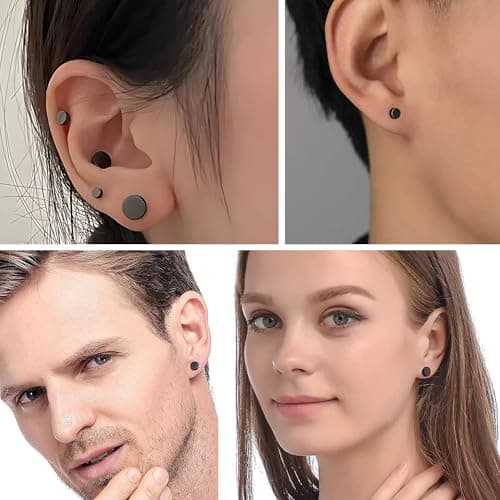 Hypoallergenic Black Stud Earrings for Men Women: 6 Pairs Flat Back Stainless Steel Cartilage Piercing Ear Tunnel 5mm-10mm (6 Pairs-Black-(3-8mm)) - Thumbnail 4