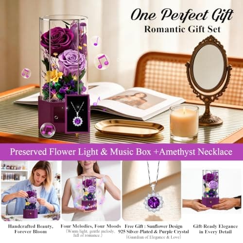Vryblos Forever Rose with Necklace Purple Preserved Rose Eternal Flower for Delivery Gift for Women Wife Girlfriend Mom Best Friend, Valentine’s Day Anniversary Birthday - Thumbnail 3