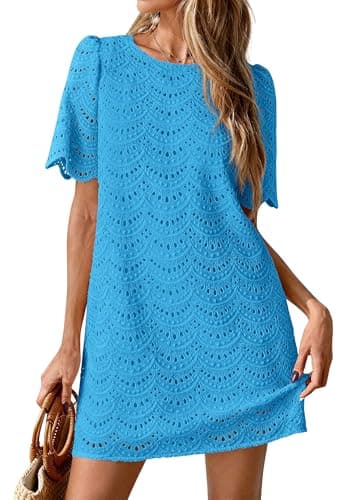 PRETTYGARDEN Women's 2026 Summer Casual Short Dresses Embroidered Lace Short Sleeve Boho Mini Dress Beach Vacation Clothes (Brilliant Blue,Medium)