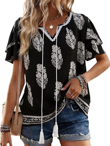 Bellcoco Womens Summer Boho Tops Short Sleeve Peplum Blouses V Neck Bohemian Shirt Tie Front Tunic Vacation Clothes Black XX-Large - Image 1