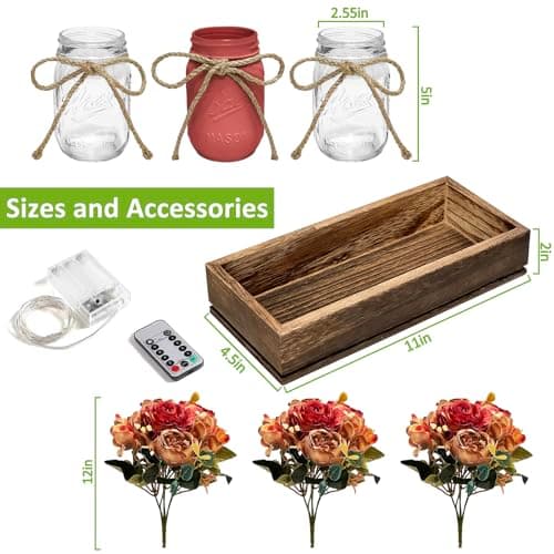 HOMECOR Mason Jar Light Centerpiece Table Decor for Dining Room - Farmhouse Centerpiece Table Decorations with Wood Tray and Remote Control LED Lights for Coffee Table Decor Living Room Wedding - Thumbnail 2