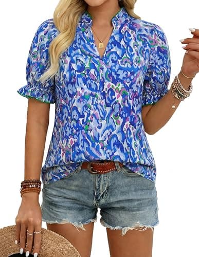 GRACE KARIN Womens Boho Tops Summer Spring Cotton Floral Blouses Short Sleeve Print Shirts V Neck Beach Vacation Clothes 2026 Blue Wave Medium - Image 1