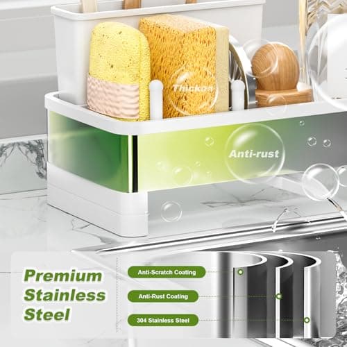 Ewaiira Stainless Steel Sink Caddy, Sponge Holder for Kitchen Sink with Brush Holder & Dishcloth Rack, Rustproof Organizer Countertop, Soap Dispenser Kitchen Organizers Storage Essentials, White 9.8″ - Thumbnail 4