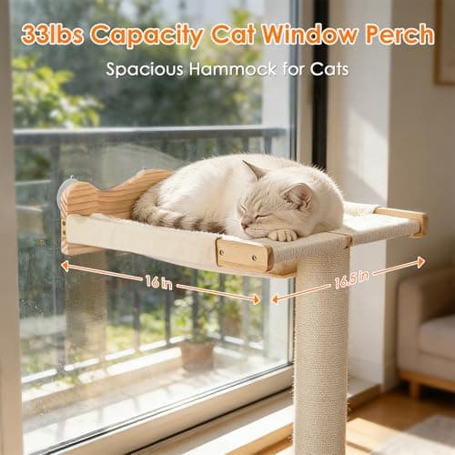 Cat Window Perch with Scratching Post, Keaber 44" Tall Adjustable Sisal Cat Tree for Large Cats Up to 33lbs, Suction Cup Wooden Hammock for Climbing, Bird Watching, Sleeping (Beige, Washable Cushion) - Thumbnail 4