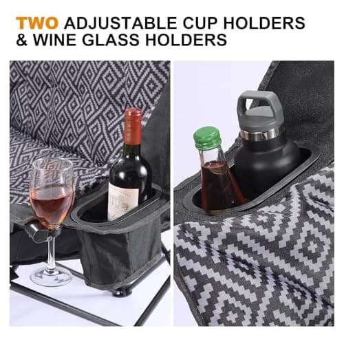 High Back Double Camping Chair Padded Folding Loveseat with Adjustable Pillows Heavy Duty 2 Person Camping Lawn Chairs for Adults with Cup Holders & Wine Racks for Outdoor Sports Beach Fishing - Thumbnail 4