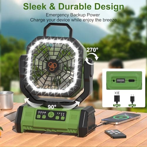 Honesorn Portable Rechargeable Fan 20000mAh, Camping Fan with LED Light & Remote, USB C Cordless Battery Powered, 4 Speeds Timer Hanging Hook for Travel Tent Outdoor Essentials - Green - Thumbnail 6