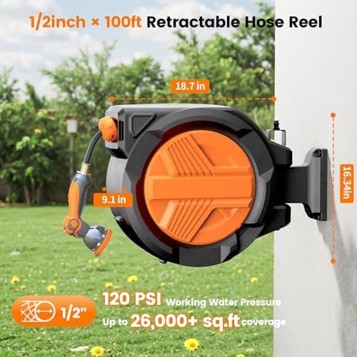 Retractable Garden Hose Reel 1/2” x 100ft, Auto Rewind Hose Reels for Outside, Heavy-Duty Wall-Mounted Outdoor Hose, 10-Mode Nozzle, Adjustable Length, 180° Rotation for Watering, Car Washing - Thumbnail 2