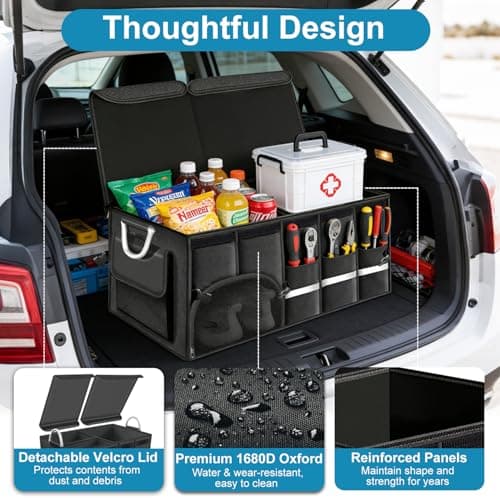 Zrgzob Car Trunk Organizer, 1680D Waterproof Oxford, Collapsible Waterproof Car Organizer Storage with Foldable Cover, Reflective Strip, 4 Mesh Pockets for SUV, Truck, Sedan, Camping, Road Trip (92L) - Thumbnail 3