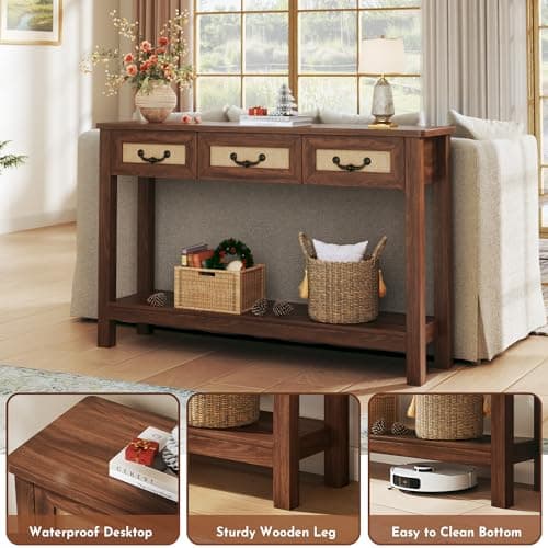 HUAHUU 47.2" Console Table with 3 Rattan Drawers, Long Sofa Table with Storage Behind Couch, Farmhouse Entryway Table with Power Outlet & Open Storage for Entrance/Hallway/Foyer/Living Room, Walnut - Thumbnail 4