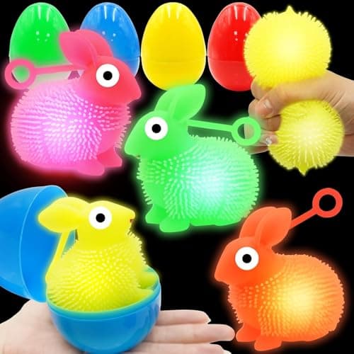 Yanruyu 6 Pack Jumbo Easter Eggs Filled 4" LED Bunny Puffer Balls, Light Up Squeeze Balls Stress Relief Fidget Toys Glow in The Dark Easter Eggs Easter Hunt Party Favors Basket Stuffers (Rabbit +Egg)