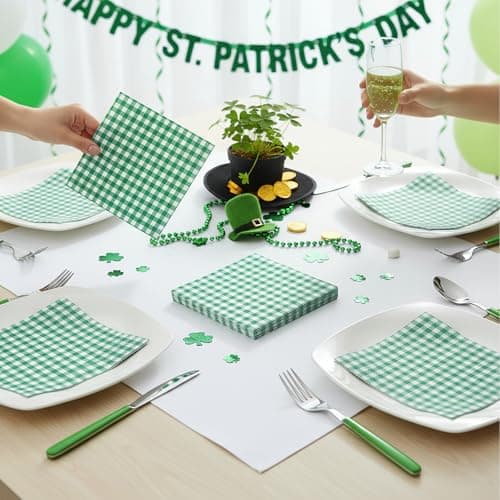 NatNarr 80 Pcs Gingham Napkins, 6.5X6.5 Inch St Patricks Day Napkins Disposable Green and White Checkered Napkin for St Patrick's Day, Golf Party, Picnic - Thumbnail 3