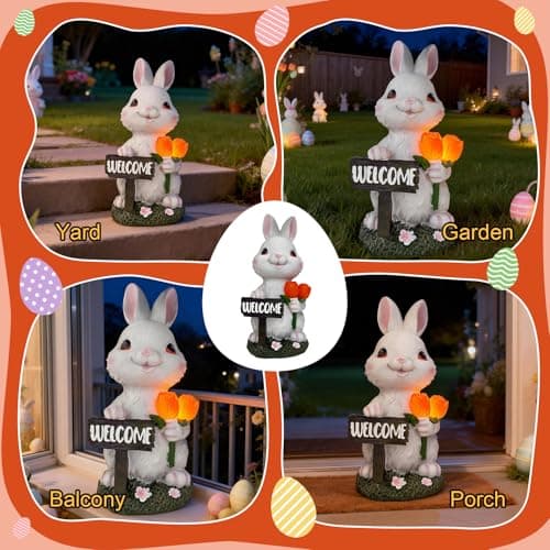 BeePeep Solar Easter Rabbit Garden Statue with LED Lights - Waterproof Resin Bunny Figurine Outdoor Decor for Yard, Patio & Lawn - Unique Hand-Painted Birthday, for Mom & Grandma (9 Inch) - Thumbnail 6