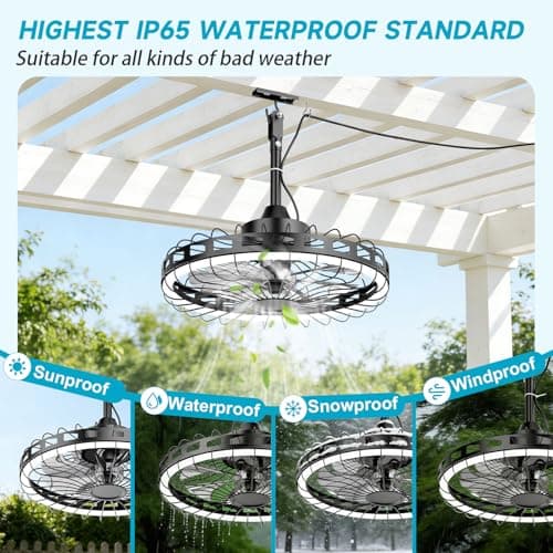 Unenrui 20" IP65 Waterproof Outdoor Ceiling Fan with Light, Plug-in Caged Design, 3CCT Dimmable & 6-Speed Adjustment for Patio Porch Pergola - Thumbnail 6