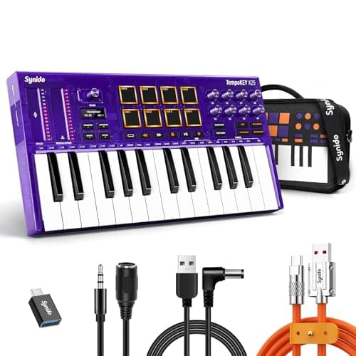 Synido 25 Key USB MIDI Keyboard Controller with Drum Pads, Professional Mini Midi Keyboard with OLED Screen, Beat Maker Machine for Music Production, Purple, TempoKEY K25 - Image 1