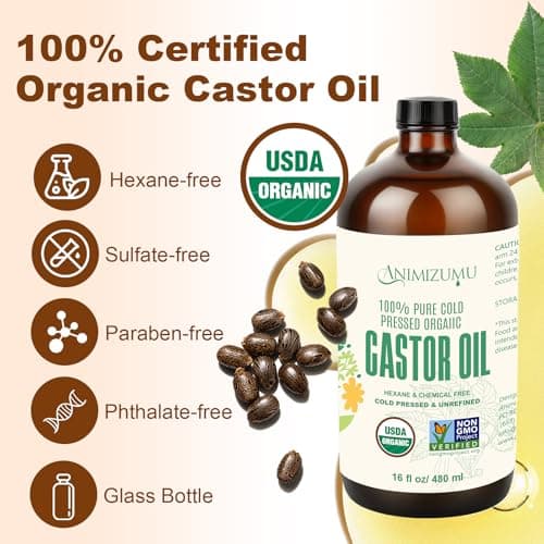 ANIMIZUMU Castor Oil 100% Pure Organic Cold-pressed Unrefined USDA Certified Organic Hexane-free Extra Virgin Used for Hair Growth Eyebrows Eyelashes Skin and Castor Oil Glass Bottles Pack (16fl oz) - Thumbnail 3