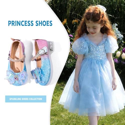 TOZHCITA Girl's Sparkly Ballet Flats Glitter Rainbow Princess Dress Shoes Bowknot Mary Jane Shoes T-Strap in Easter Party Blue,9M for Toddler - Thumbnail 6