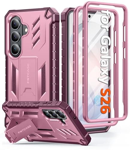 FNTCASE for Samsung Galaxy S26 Case: with [Built-in Screen Protector & Kickstand] [2 Front Frames] [Military-Grade Drop Protection] Heavy Duty Shockproof Rugged Case Full Body Protective Cover Pink