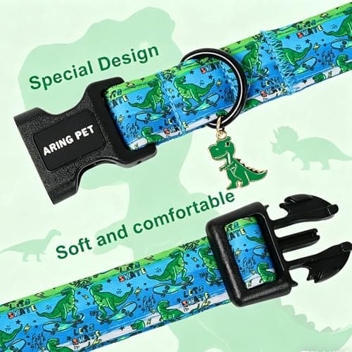 ARING PET Dinosaur Dog Collar, Cute Green Blue Boy Doggy Skate Dino Collars for Puppy Small Medium Large Male Dogs, for Daily Photos Summer Beach Walking Hiking Picnic-XL - Thumbnail 3