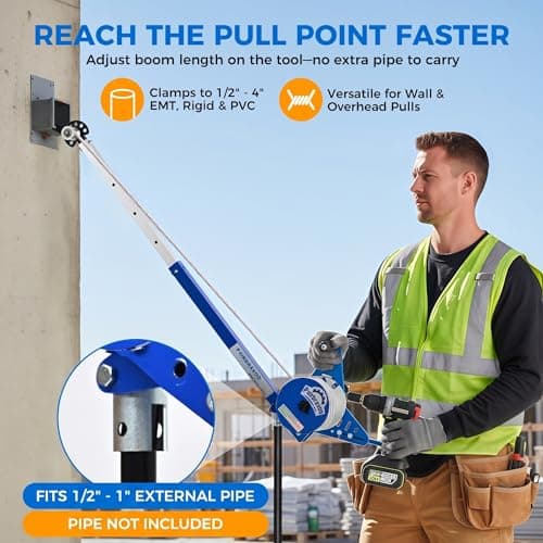 Handheld Cable Puller - Drill Powered Wire Tugger with 1000lb Pulling Force - Features Adjustable Telescoping Boom Arm & Universal Conduit Head - Heavy Duty Electrician Tool for 1/2" to 4" Wire Runs - Thumbnail 3