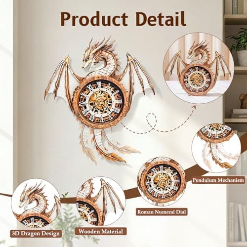 Kosmickiss 3D Wooden Puzzles Model Kits Dragon Clock for Adults, 3D Building Models DIY Crafts for Women Men, Wall Clock Puzzle Birthday Gift for Adults Home Decor - Thumbnail 2