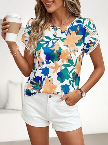 PRETTYGARDEN Womens Spring Tops 2026 Casual Crewneck Lace Crochet Short Sleeve Shirts Floral Boho Blouse Loose Tunic Top(White Blue Flower,X-Small) - Thumbnail 6