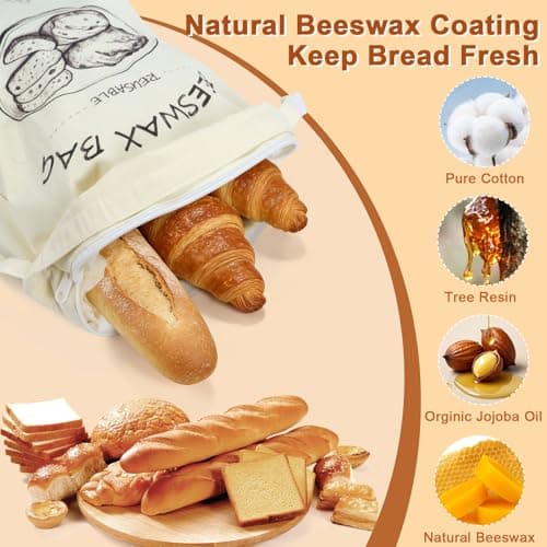 Beeswax Bread Bag 2 Pack, Reusable Organic Cotton Beeswax Bread Bags for Sourdough Homemade Bread, 17x13 Inch Large Capacity, Eco-Friendly, Keep Fresh, Locks in Moisture, Lock Closure, Easy to Clean - Thumbnail 3