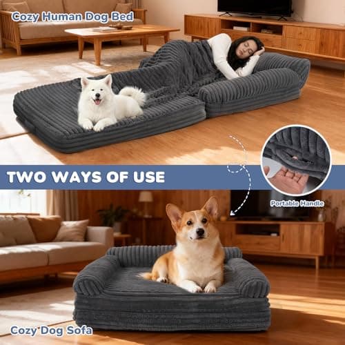 OtterOasis Foldable Human Dog Bed for Adult, Fluffy Faux Angora Human Sized Pet Bed with Blanket, Orthopedic Dog Bed with Egg Foam and Water Repellent Liner (Dark Grey (Foldable), 79" Length) - Thumbnail 5
